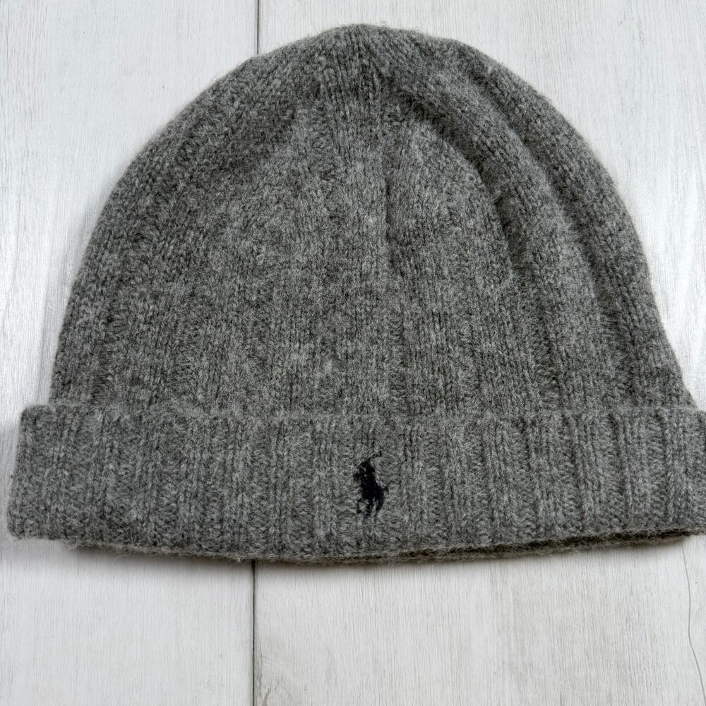 POLO RALPH LAUREN Gray Ribbed Knit Beanie Cap Hat Signature Pony